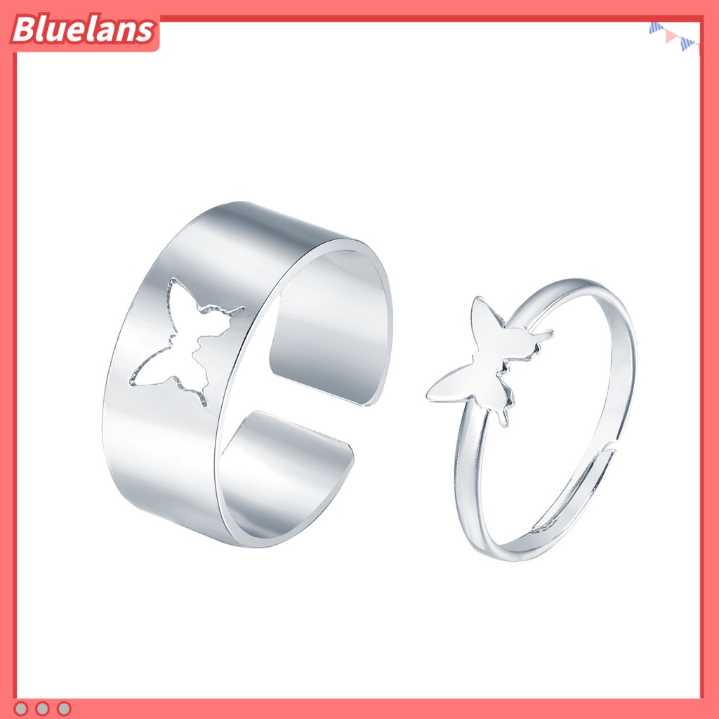 Bluelans 2Pcs Butterfly Opening Alloy Wide Thin Hollow Couple Rings Finger Rings