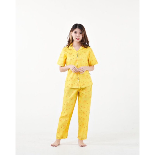 Piyama Wanita Baju Tidur Wanita Dewasa Baju Tidur Piyama Satin Apple-Teddy Yellow