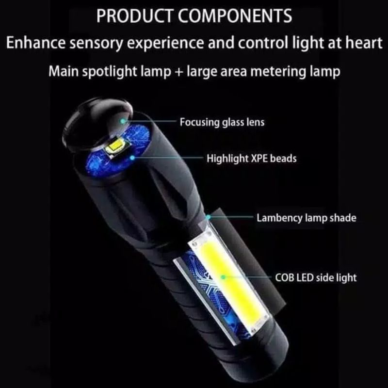 Senter Polisi LED Swatt XPE COB light mini anti air waterproof hemat energi recharge super terang