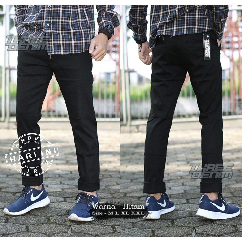 Three Denim  Celana  Chino  Panjang Pria Casual Kantor Hitam 