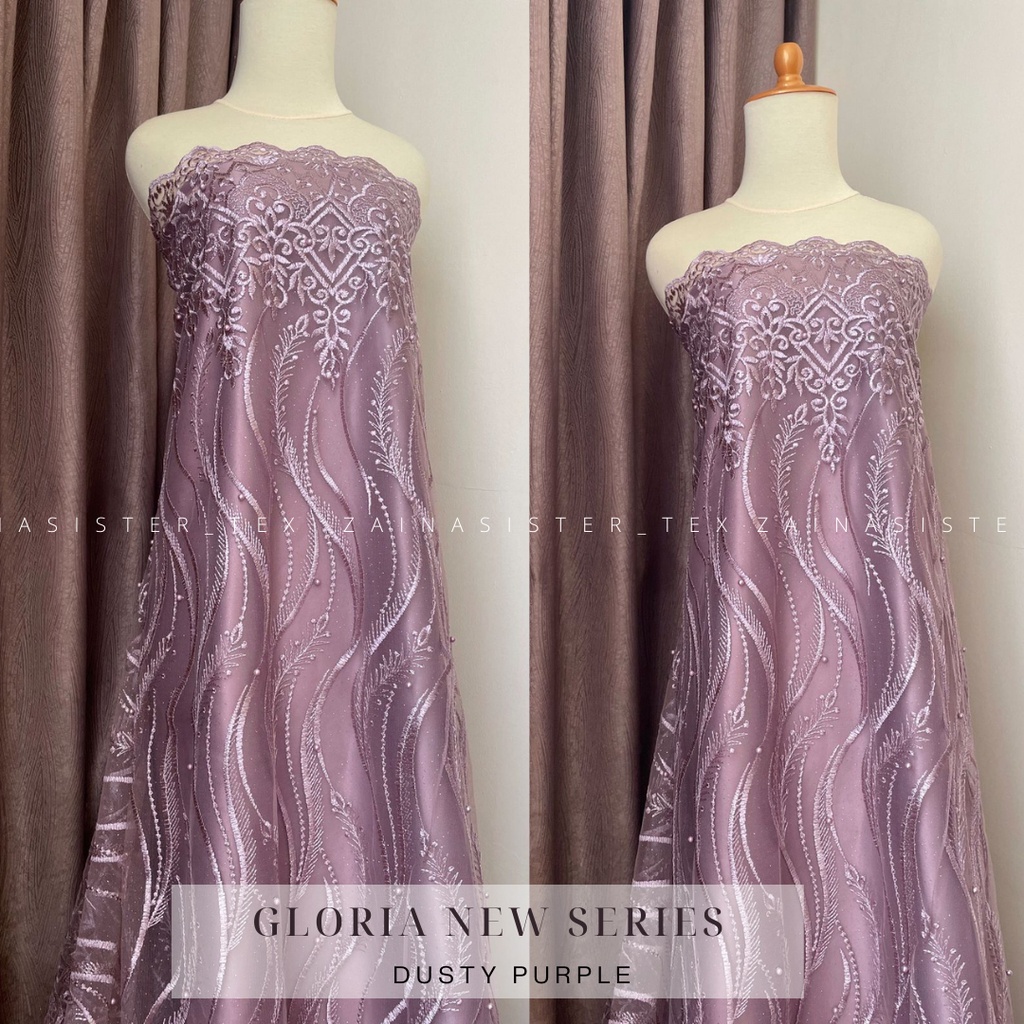 Bahan Kain Kebaya Brokat Tile Tille Bordir Mutiara Premium Gloria New Series Warna Dusty Purple Ungu