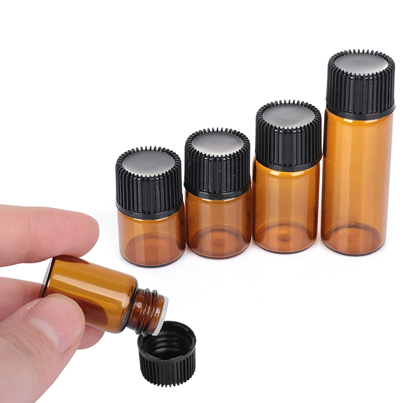 1/2/3ml Mini Travel Empty Amber Essential Oil Glass Bottle / Perfume Sample Test Brown Bottle / Refillable Seal Quid Container 1Pc