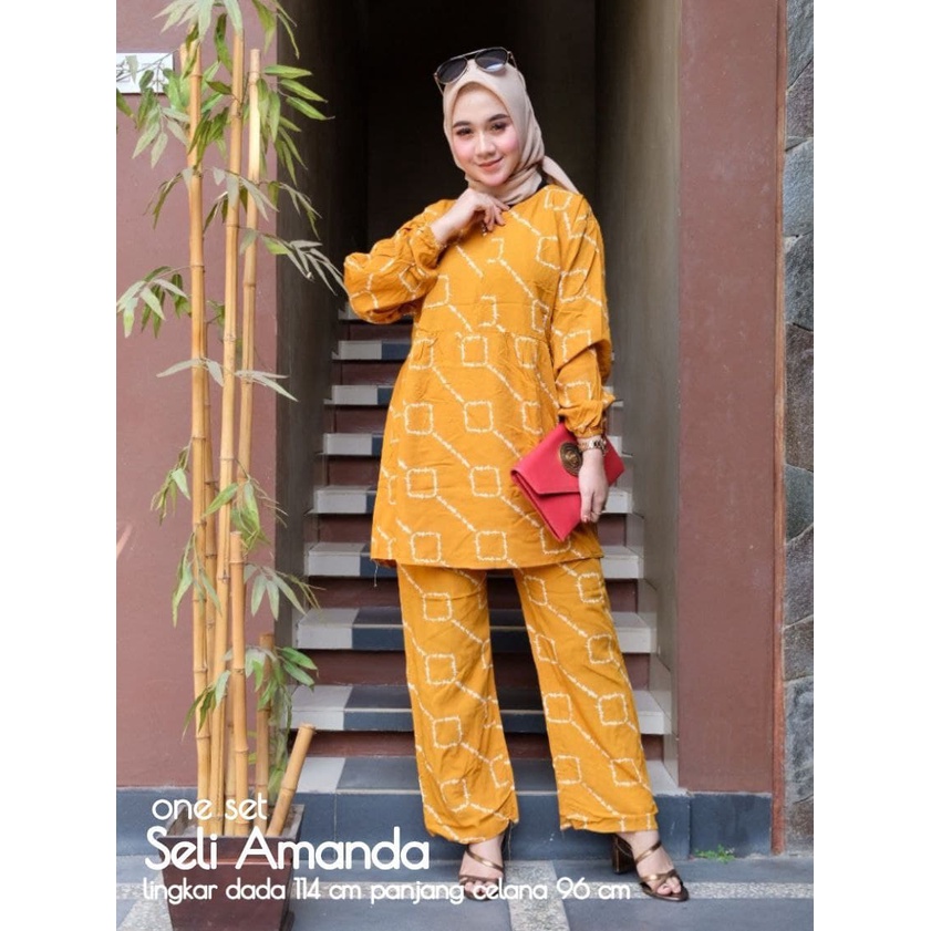 ONE SET SELI AMANDA  2 in 1 (ATASAN  + CELANA ) / SETELAN WANITA KEKINIAN / SET RAYON / PIYAMA RAYON