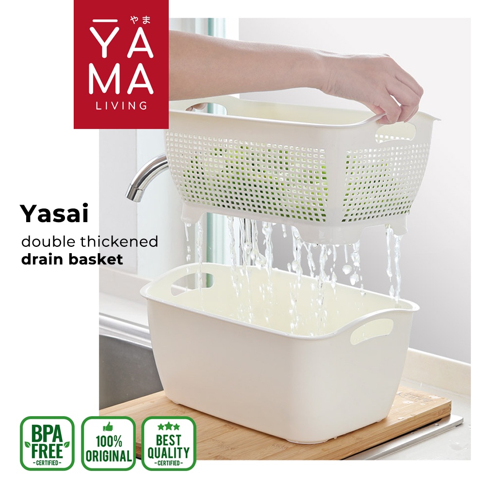 YAMA YASAI Double Drain Basket Wadah Baskom Saringan Peniris Keranjang Buah Sayur