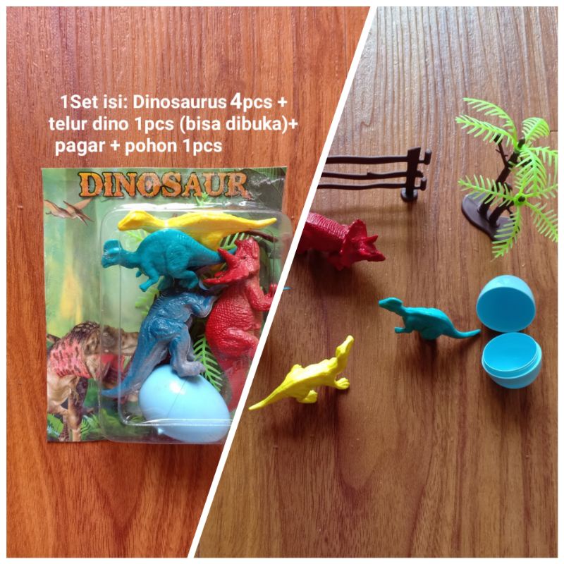 Mainan Anak Edukasi Dinosaurus 4pcs + Telur Surprise Egg 1pcs + pohon + pagar rakitan 1set