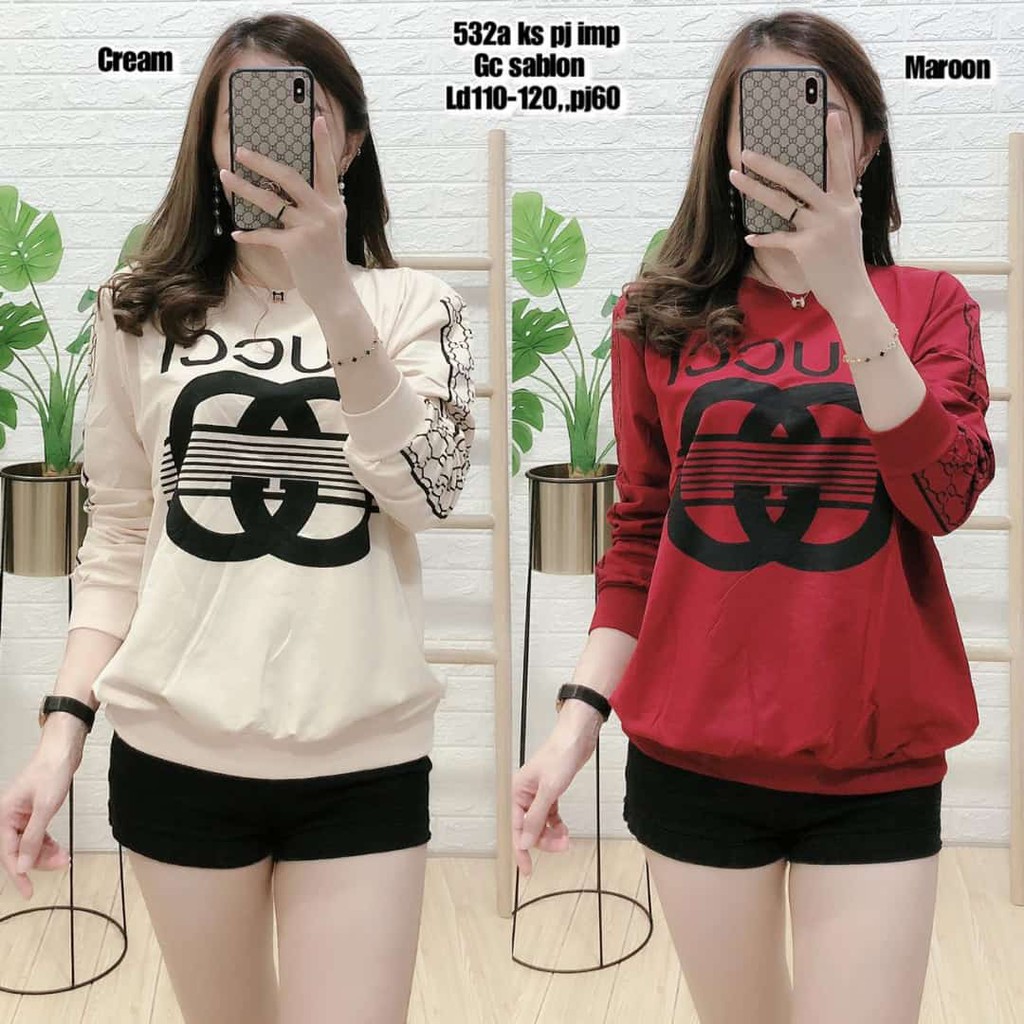 ATASAN KAOS JUMBO IMPORT BAJU SABLON GUCCI LENGAN PANJANG KAOS FASHION WANITA IMPORT MURAH 532