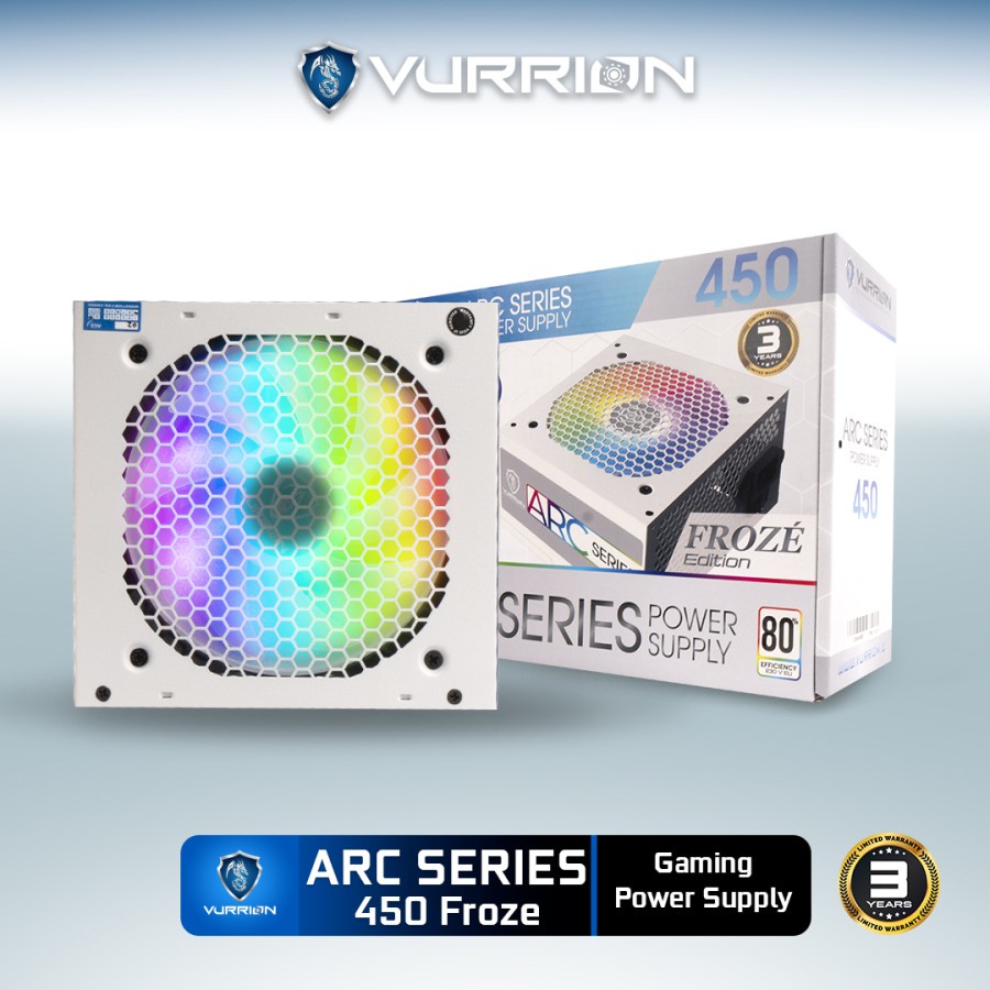 Power Supply 450W ARC Series Vurrion PSU Gaming 450Watt 80 Plus Resmi - Putih, 450W