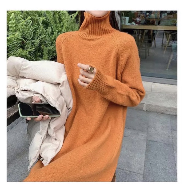 Knit Sweater Dress Turtleneck Gaun Rajut