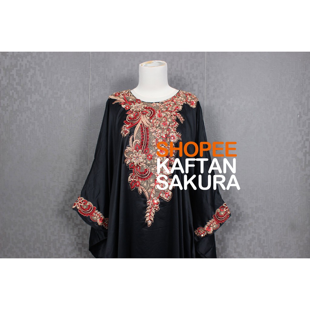 Dress Kaftan Wanita terbaru Bordir Bahan Satin PREMIUM Murah Warna Hitam Merah Pink Cantik untuk kaftan Lebaran Pesta Kondangan mewah