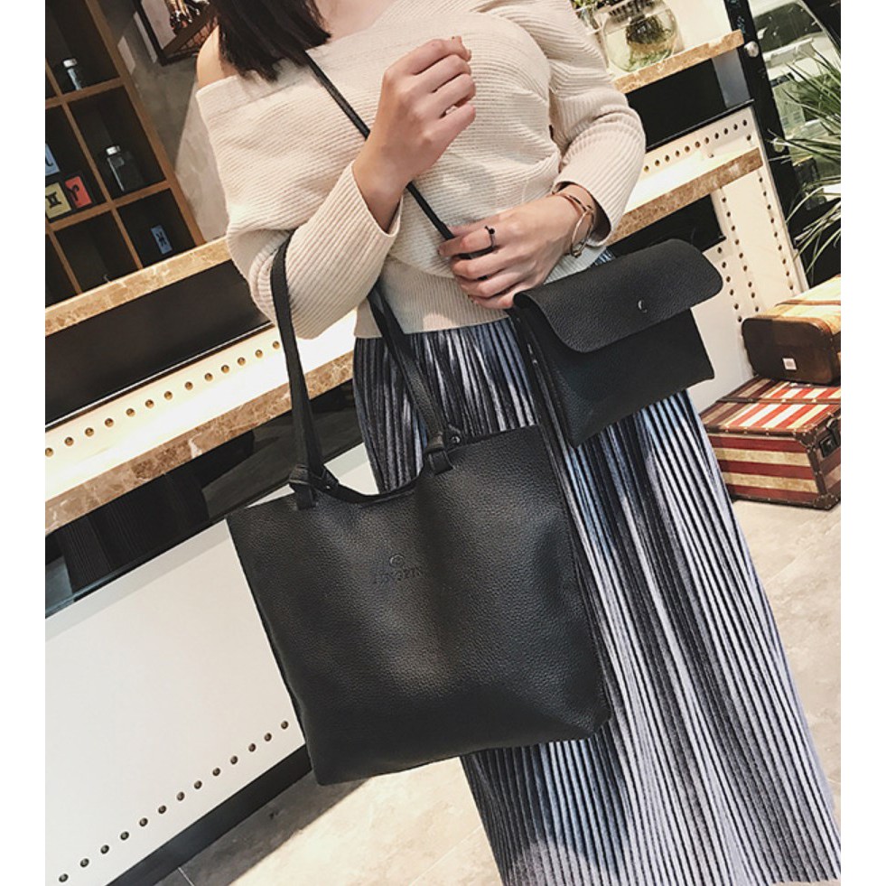 Tas Wanita 2in1 Batam IMPOR #0321 Korea Fashion Women Bucket Tote Bag 2Pcs Set Faux Leather