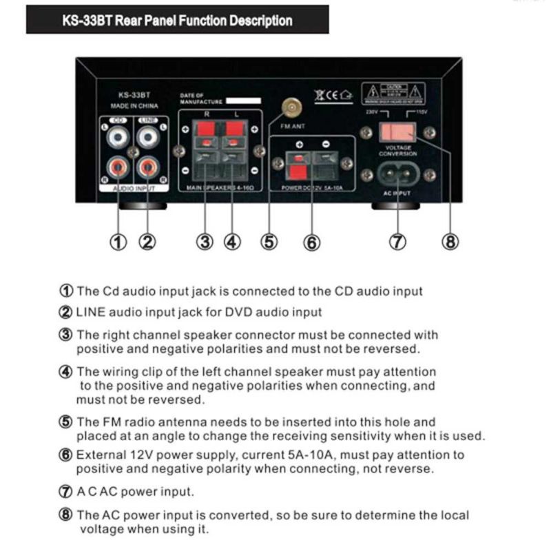 Amplifier Bluetooth EQ Audio Amplifier Home Theater FM 1000W KS-33BT