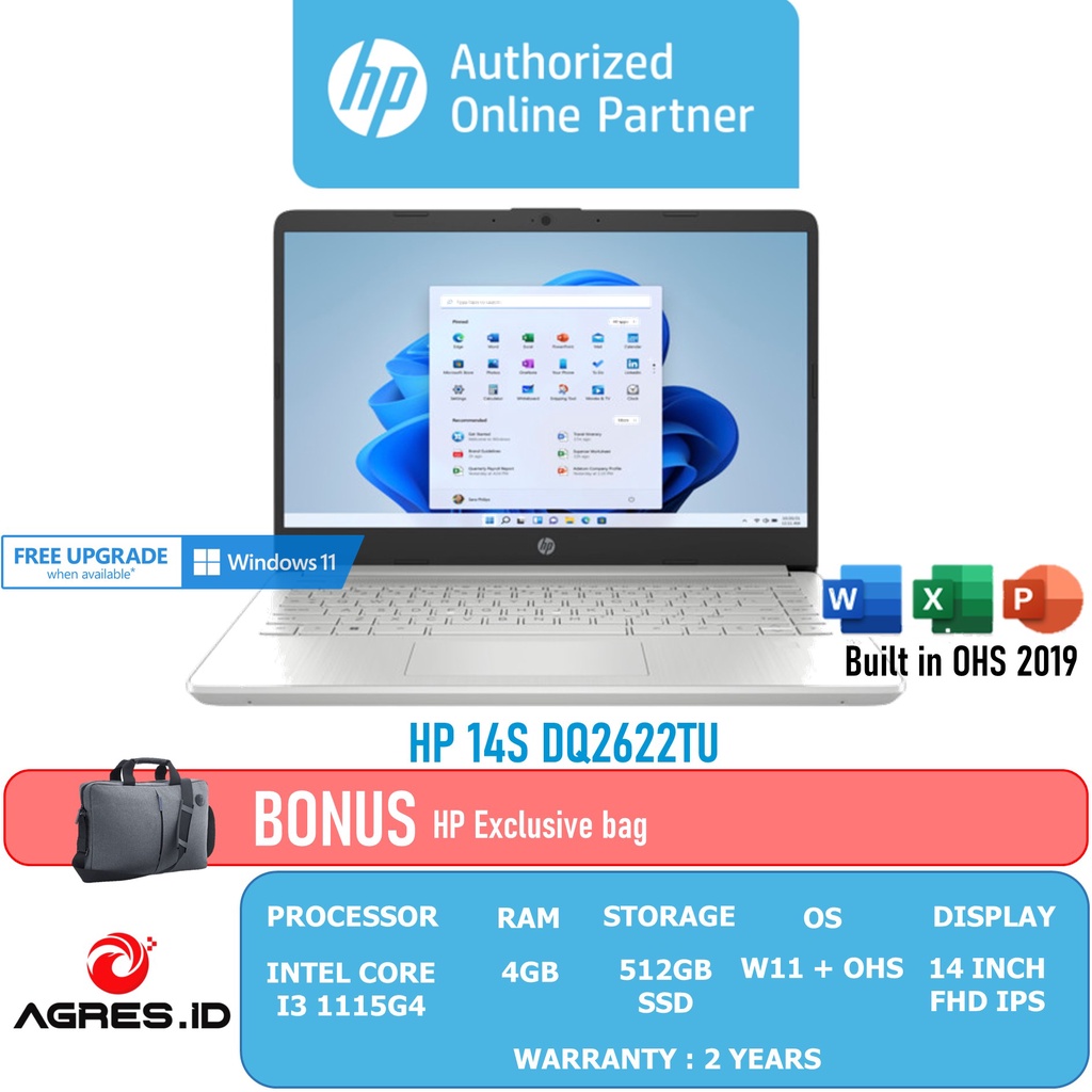 Jual Laptop Hp 14s Dq2622tu Dq2614tu Dq2629tu Intel I3 1115g4 4gb512ssd W11ohs Ips 8368