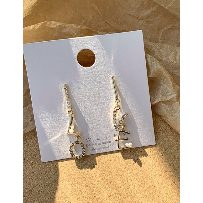 LRC Anting Tusuk Fashion Golden 925 Silver Needle Asymmetric Diamond Love Letter Earrings D87549