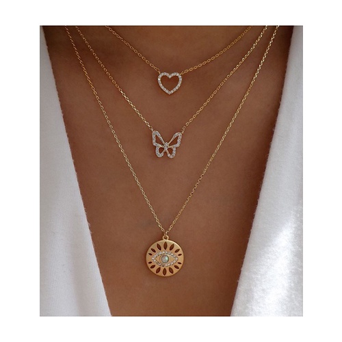 LRC Kalung Fashion Golden Diamond Eye Butterfly Love Heart Alloy Multilayer Necklace K83448