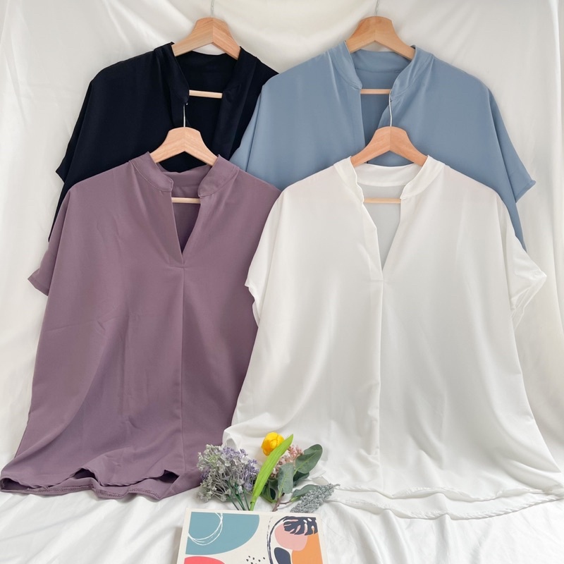 BEFAST - ZEC OOTD Wanita Blouse ALIF / Darcy Oversize Shirt / Blouse Wanita / Blouse Leher V / Blouse Casual / Blouse Lengan Pendek / Blouse Kekinian 2022 / Blouse Remaja terbaru / Fashion Wanita Kerja