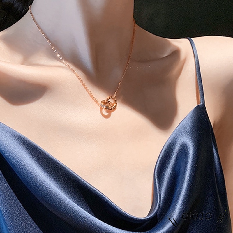 Kalung Model Cincin Ganda Bahan Titanium Steel Tidak Pudar Dan Alergi Rose Gold - ol