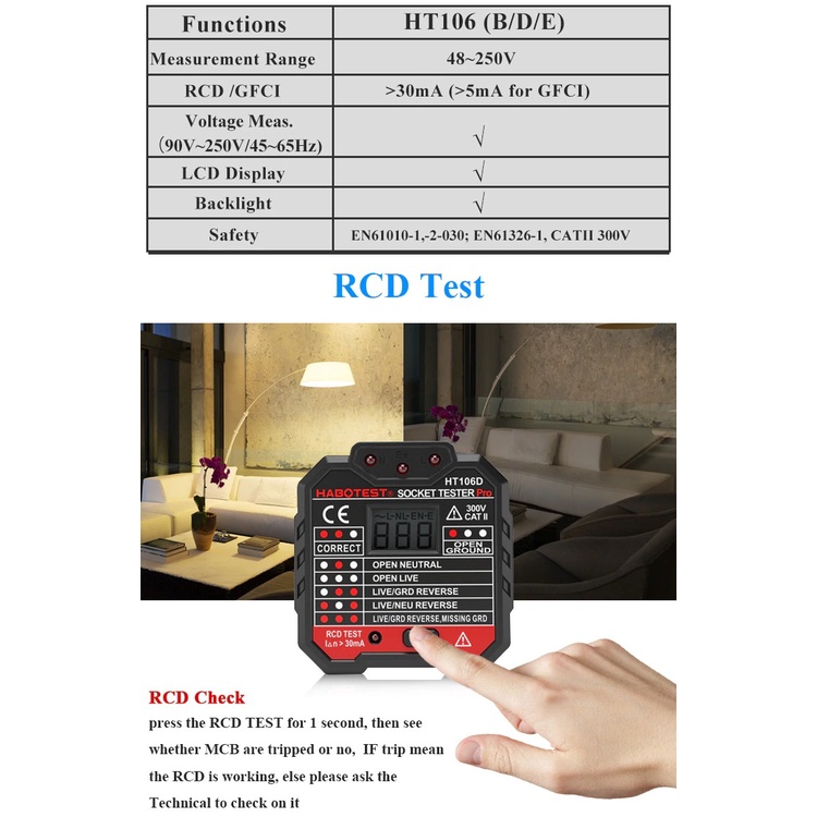 PROMO Stop Kontak Voltage Tester Socket Detector Eu Plug - HT106D HABOTEST XIHZ01BK