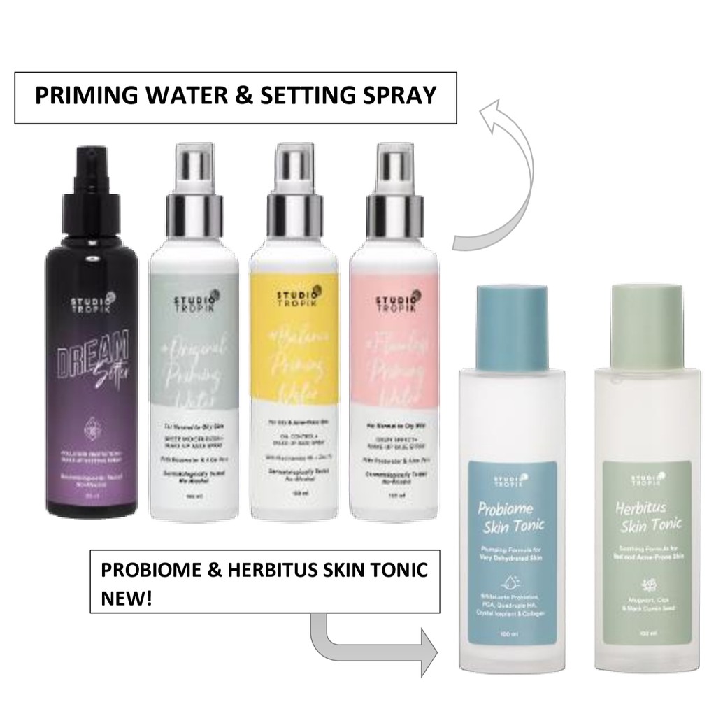 ☘️ CHAROZA ☘️ STUDIO TROPIK Primiting Water / Flawless / Dream Setter Glowy Setting Spray / Probiome + Herbitus Skin Tonic