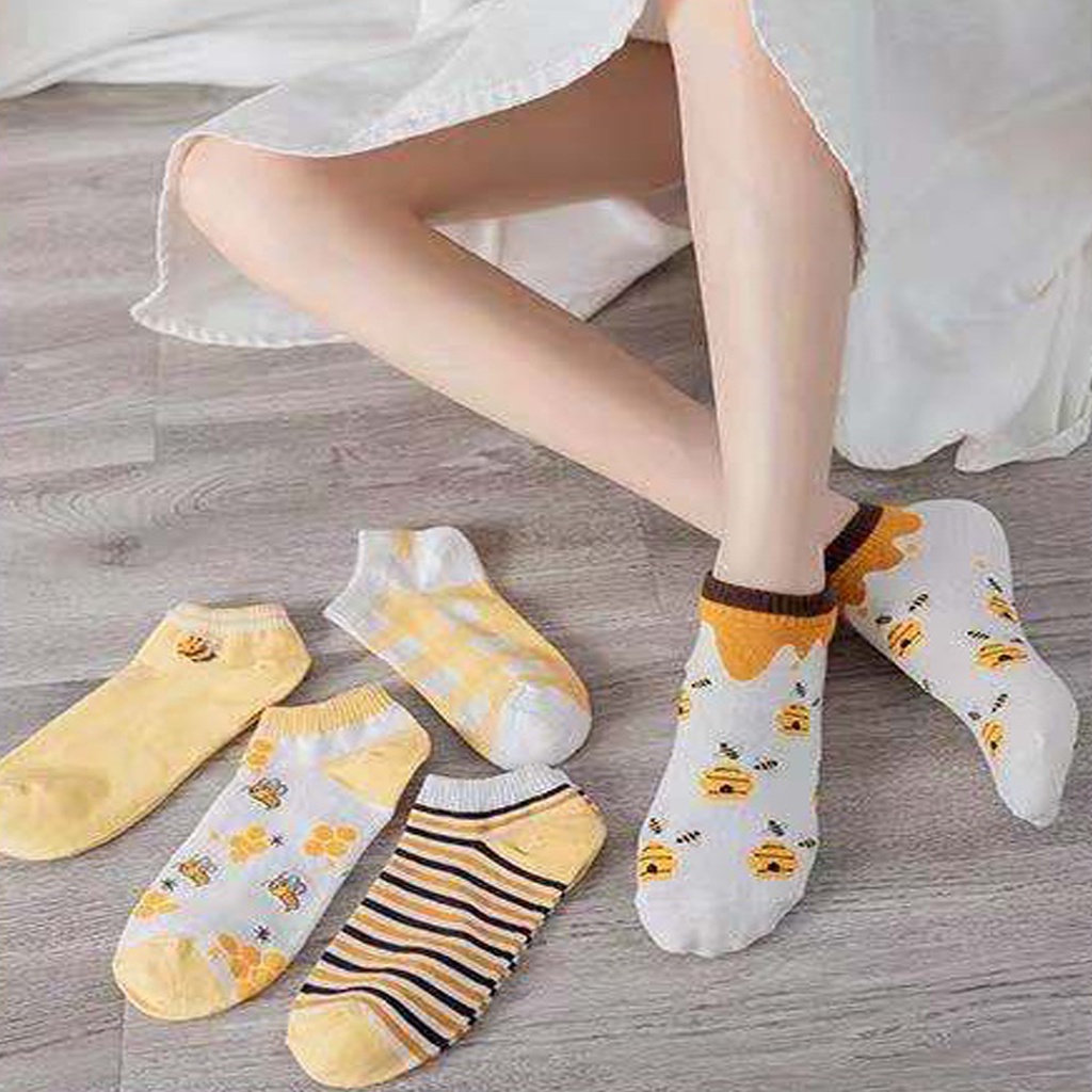 BRGUNIK Kaos Kaki Wanita Motif Bunga Lebah Bee Kuning Fashion Korea Women Sock Import KK002