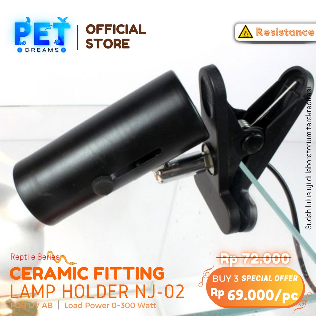 PROMO FITTING LAMPU CERAMIC PENDEK UVA UVB JEPIT NOMOY REPTILE SULCATA TORTO IGUANA NJ02