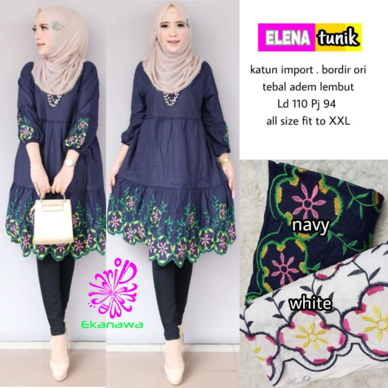 elena baju atasan tunik katun lengan balon bordir