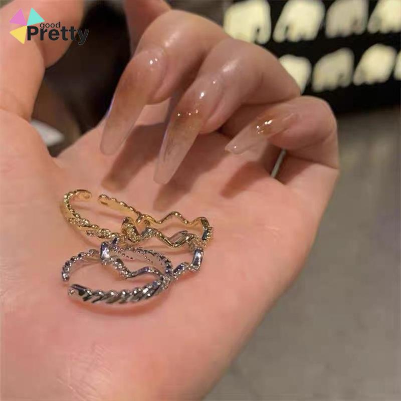 2 PCS Cahaya Mewah Wanita High-end Super Indah Bergaris Gelombang Cincin Pembukaan Temperamen - PD