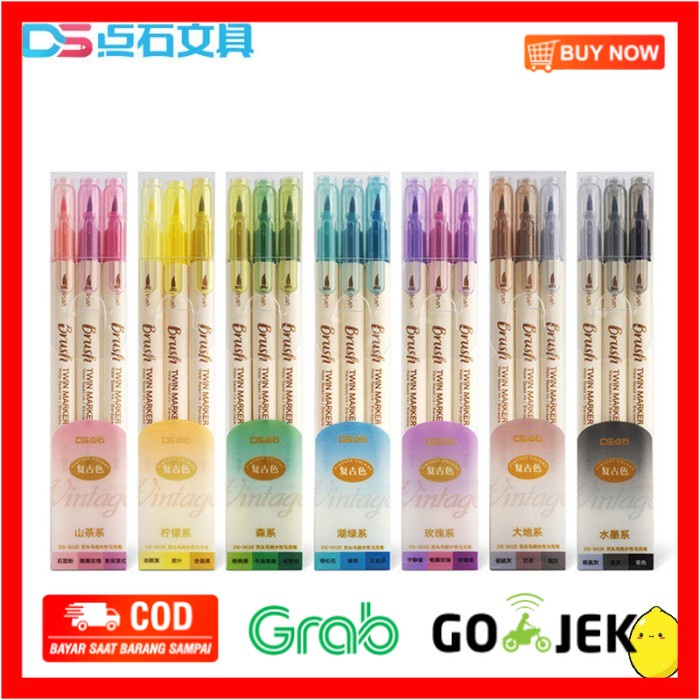 

(BISA COD) Spidol Lettering DS Water Based Twin Marker / Brush Vintage Set 3pc - Camelia