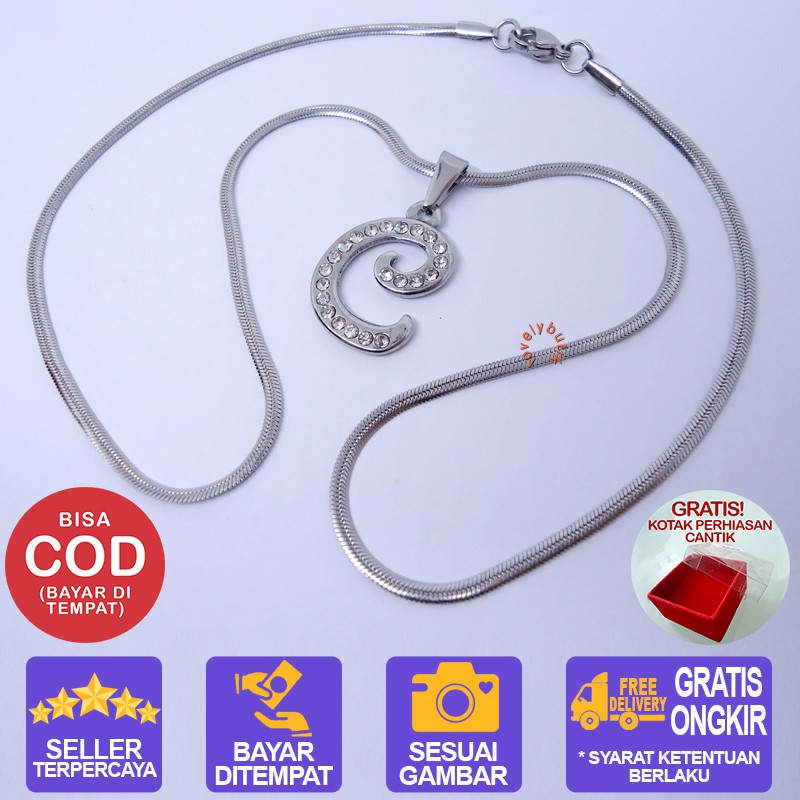 Lovelybutik Honey Kalung Huruf Titanium Anti Karat Inisial C Uk 45 cm BONUS KOTAK PERHIASAN