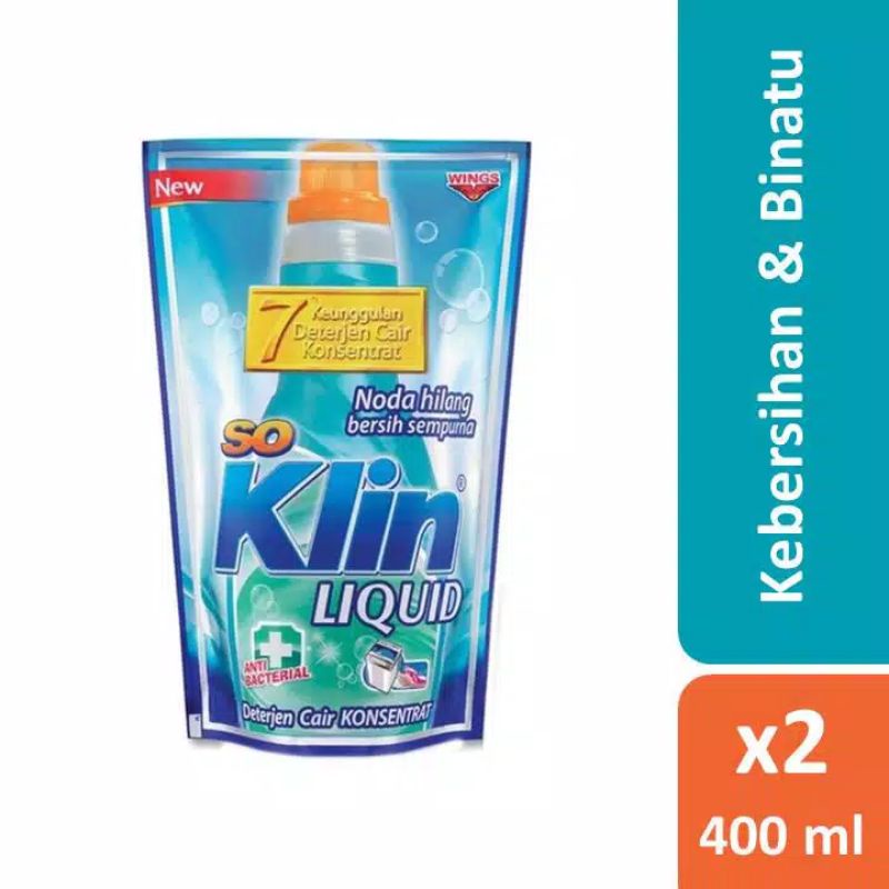 SoKlin Deterjen Cair Anti Bakteria Pouch 400ml x 2 Pcs So Klin Liquid Detergent Cair 400ML Twinpack