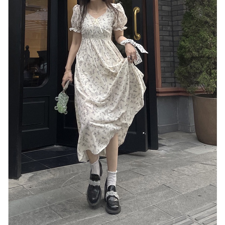 Nico##midi dress korea/Gaun Bunga Krim Wanita Musim Panas Lembut Prancis Lengan Gelembung Rok Sifon Rok Cinta Pertama