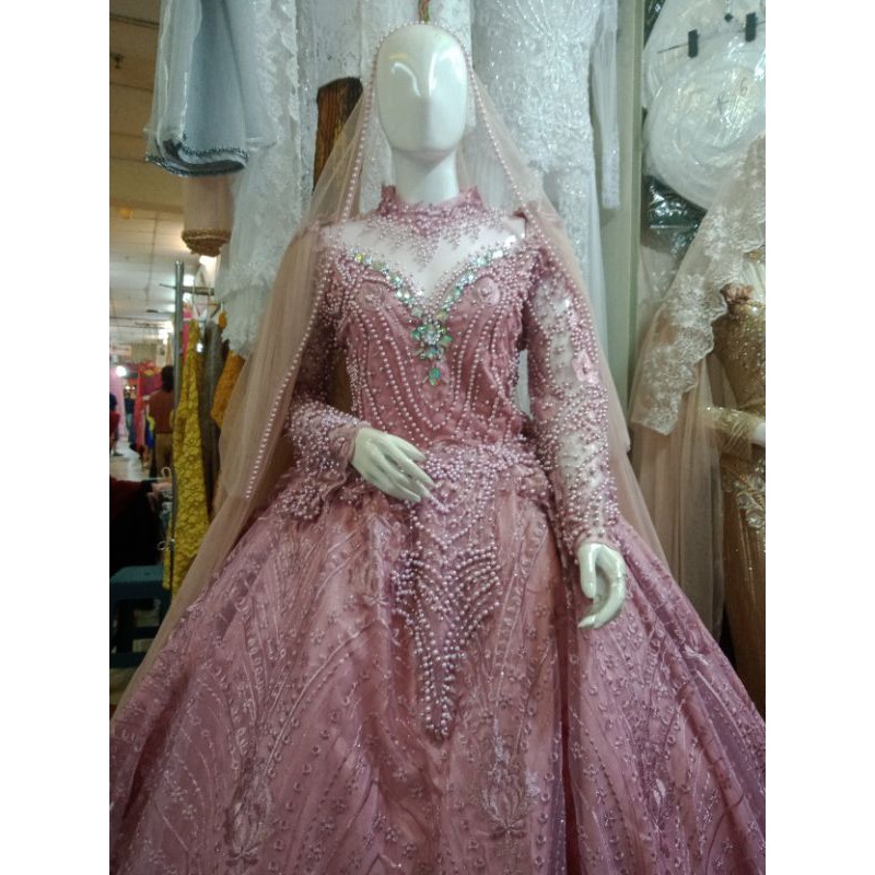 gown pengantin full mutiara