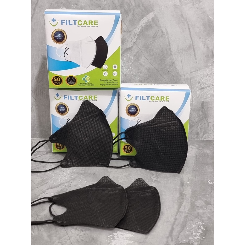 MASKER DUCKBILL EMBOS  FILTCARE HITAM PUTIH 1BOX ISI 50PCS