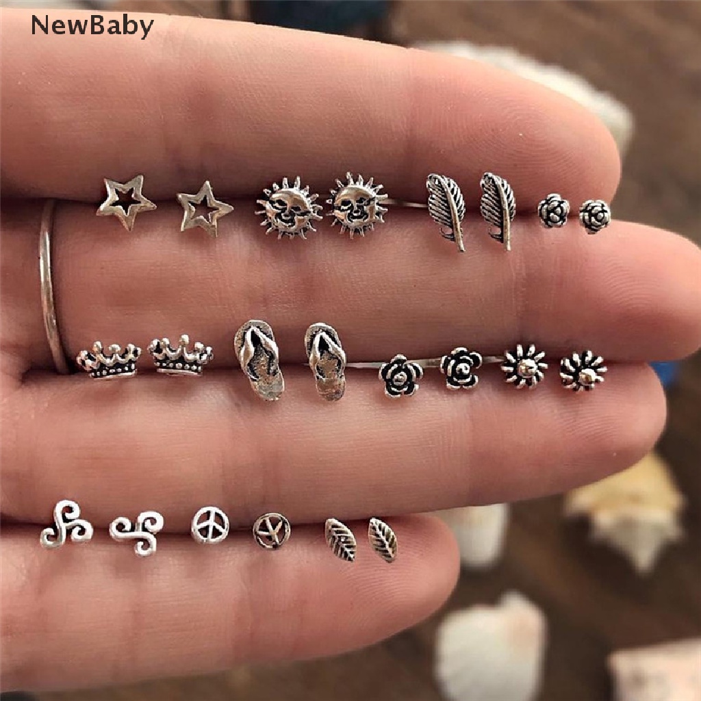 11 Pasang / Set Anting Tusuk Silver Simple Gaya Bohemia Untuk Wanita