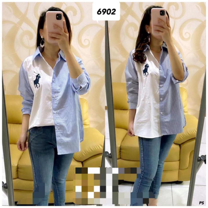 Kemeja wanita katun putih kombinasi logo bordir impor Ld102