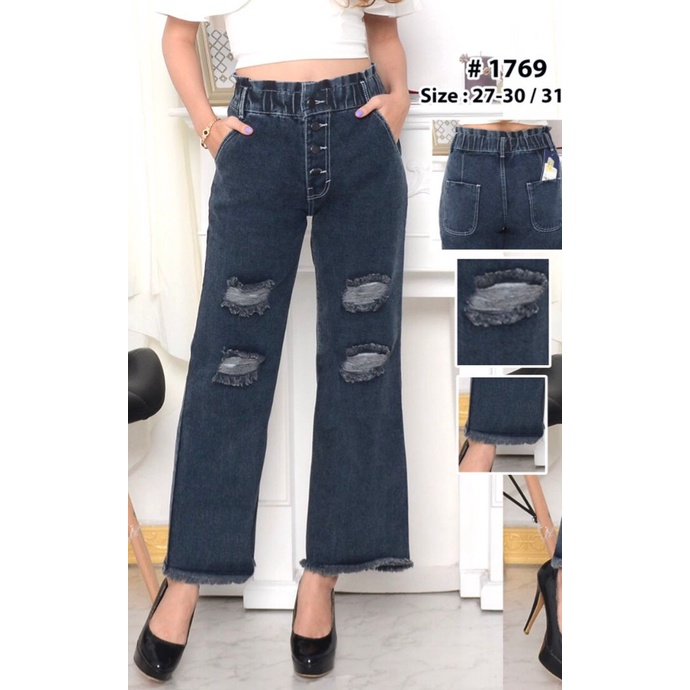 Celana Jeans Wanita Kulot Sobek Rawis 27-30 31-34 Bisa Bayar Ditempat(COD)