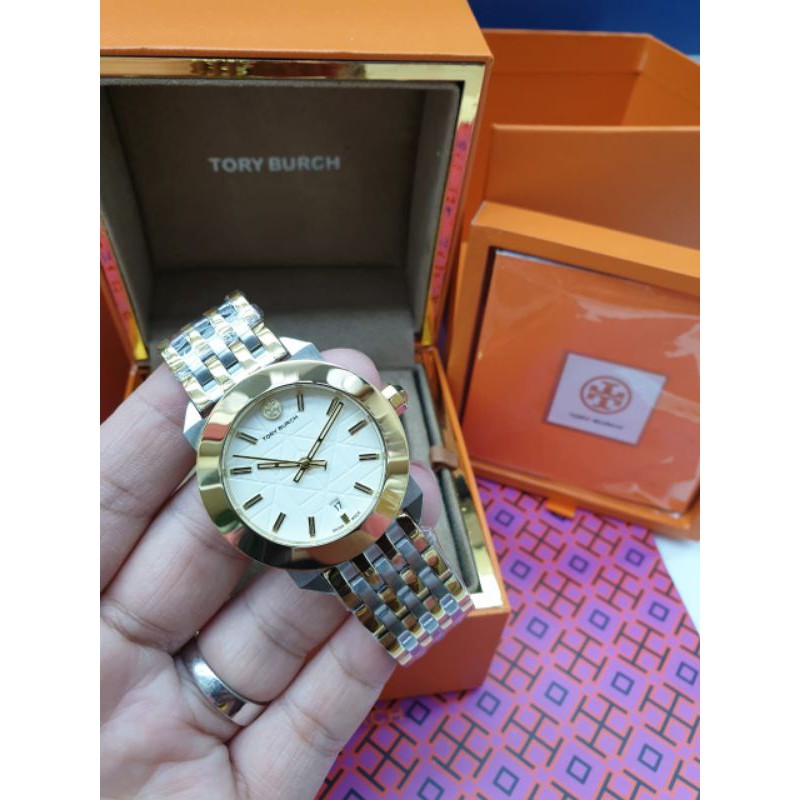 JAM TANGAN WANITA CEWEK MEREK TORY BURCH COMBI GOLD DIAL WHITE 34MM ORIGINAL SET BOX