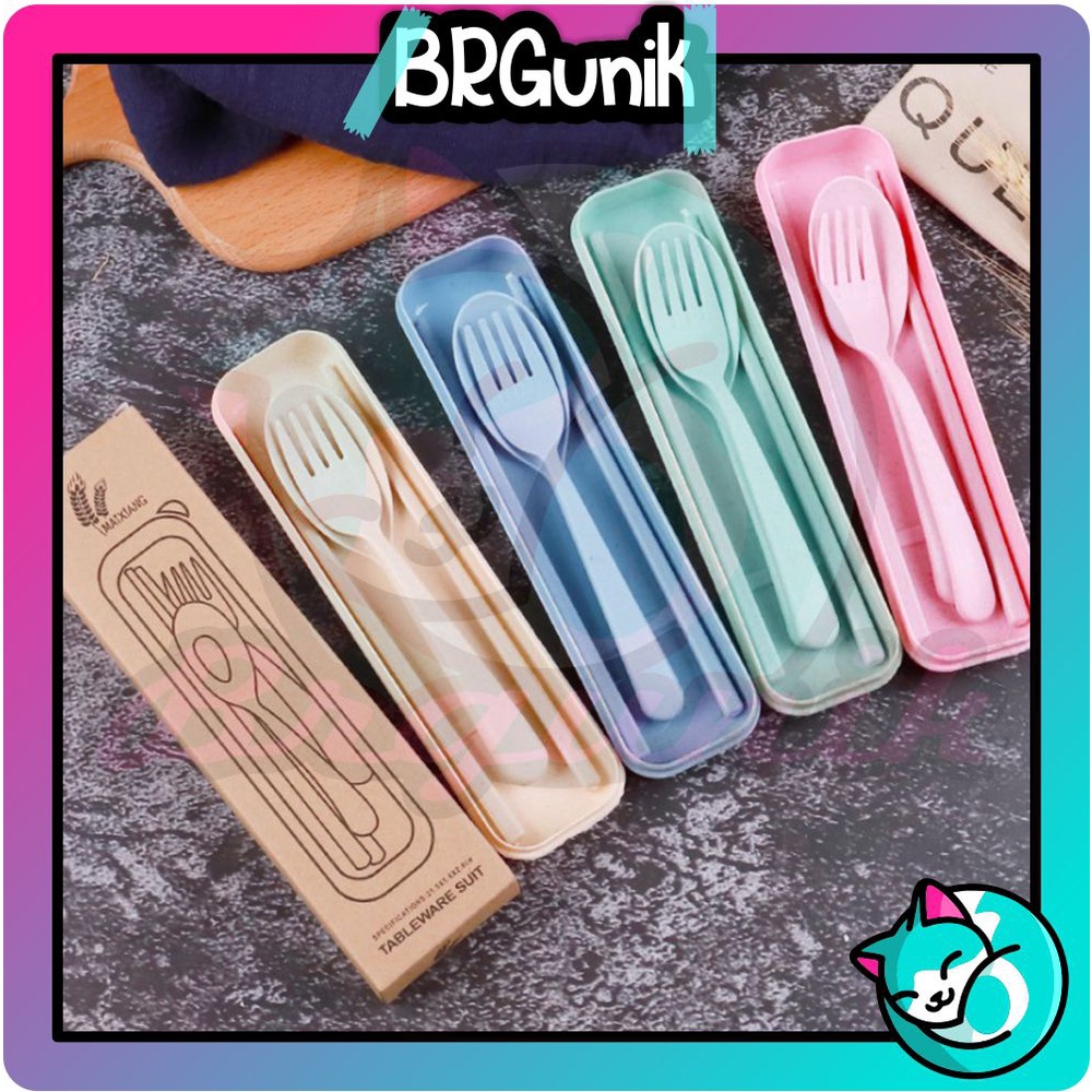 BRGUNIK Sendok Set Garpu Sumpit Free Box Sendok Set Bahan Jerami + Kotak Sendok Set 3 in 1 Perlengkapan Makan Warna Warni Alat Makan Traveling Size Murah Import R190