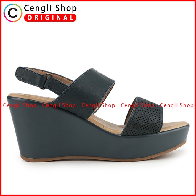 SANDAL WEDGES KULIT OBERMAIN WANITA ORIGINAL SLINGBACK BIRU NAVY OW33