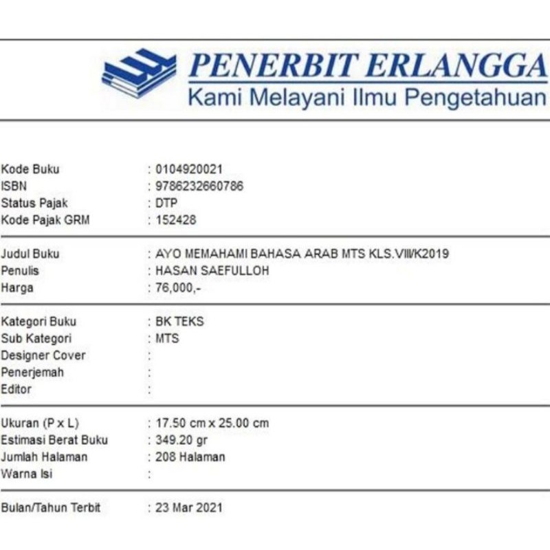 ORI buku teks ayo memahami bahasa Arab k13 penerbit Erlangga untuk Mts kelas 8 edisi terbaru