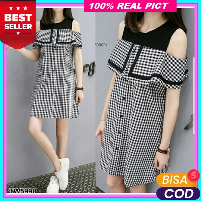 Ilook | Dress Be Be | Dress Korean Style Motif Kotak | Midi Dress Korea Baju Dres Natal Wanita Midi 