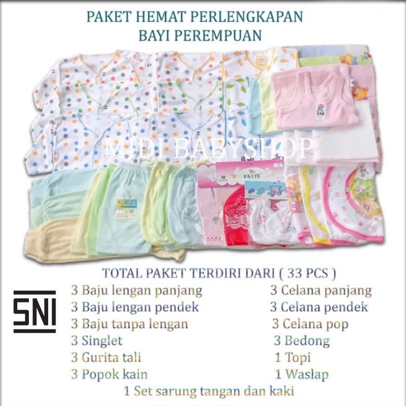 (0-3 bulan) 33 Pcs Paket Hemat perlengkapan bayi perempuan baru lahir / newborn murah SNI