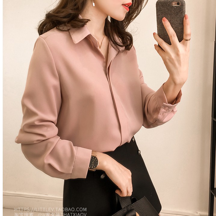 Versi Korea sederhana kemeja Lengan panjang wanita Atasan sifon Warna solid Tipis longgar-2