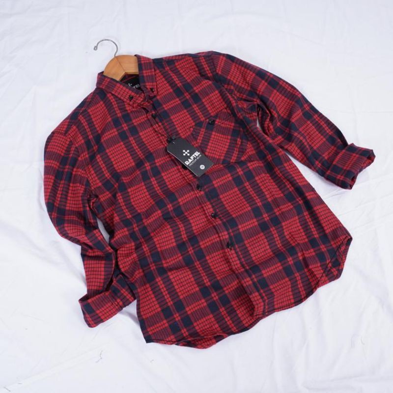 YB KEMEJA FLANEL LENGAN PANJANG PRIA MODEL SLIM FIT MOTIF KOTAK LONG SLEEVE FLANEL BLACK AND RED