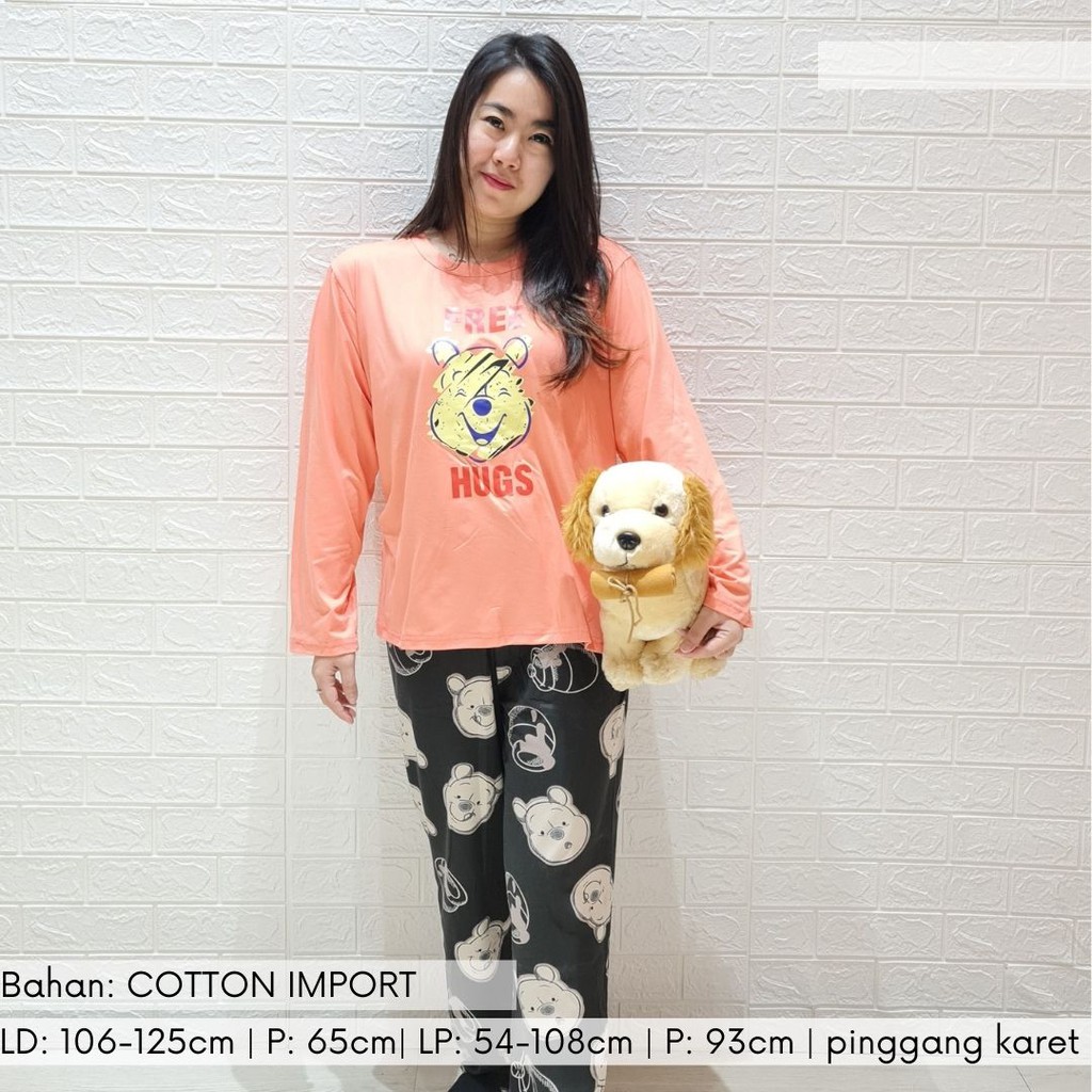 3528 kaos pajamas long pink pooh one set import big baju tidur