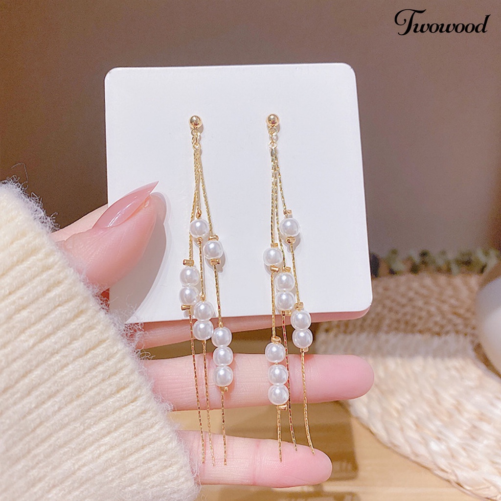 Twowood 1 Pair Dangle Earrings Elegant Long Tassels Alloy Sparkling Rhinestone Faux Pearl Earrings for Women