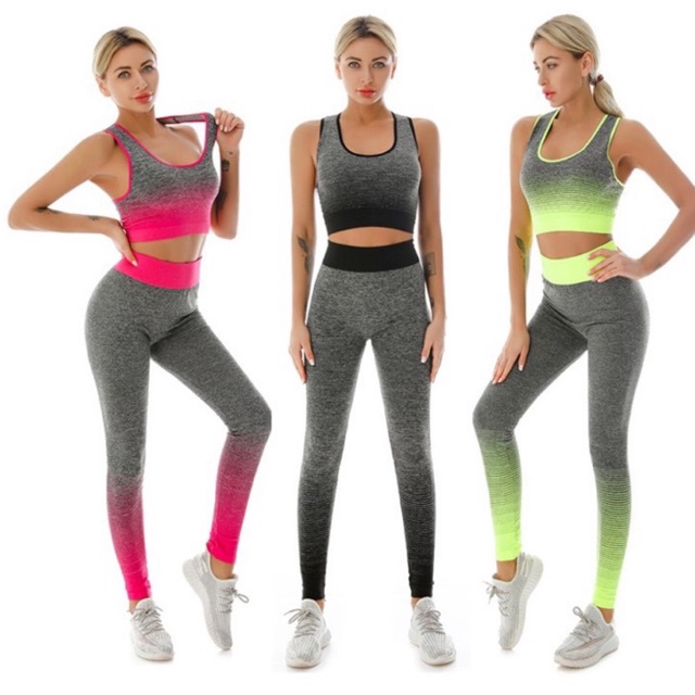 STL106 • Setelan Olahraga Wanita Import • Gradasi Sport Set Crop Top Women • Jogging Aerobik Senam Fitnes Gym