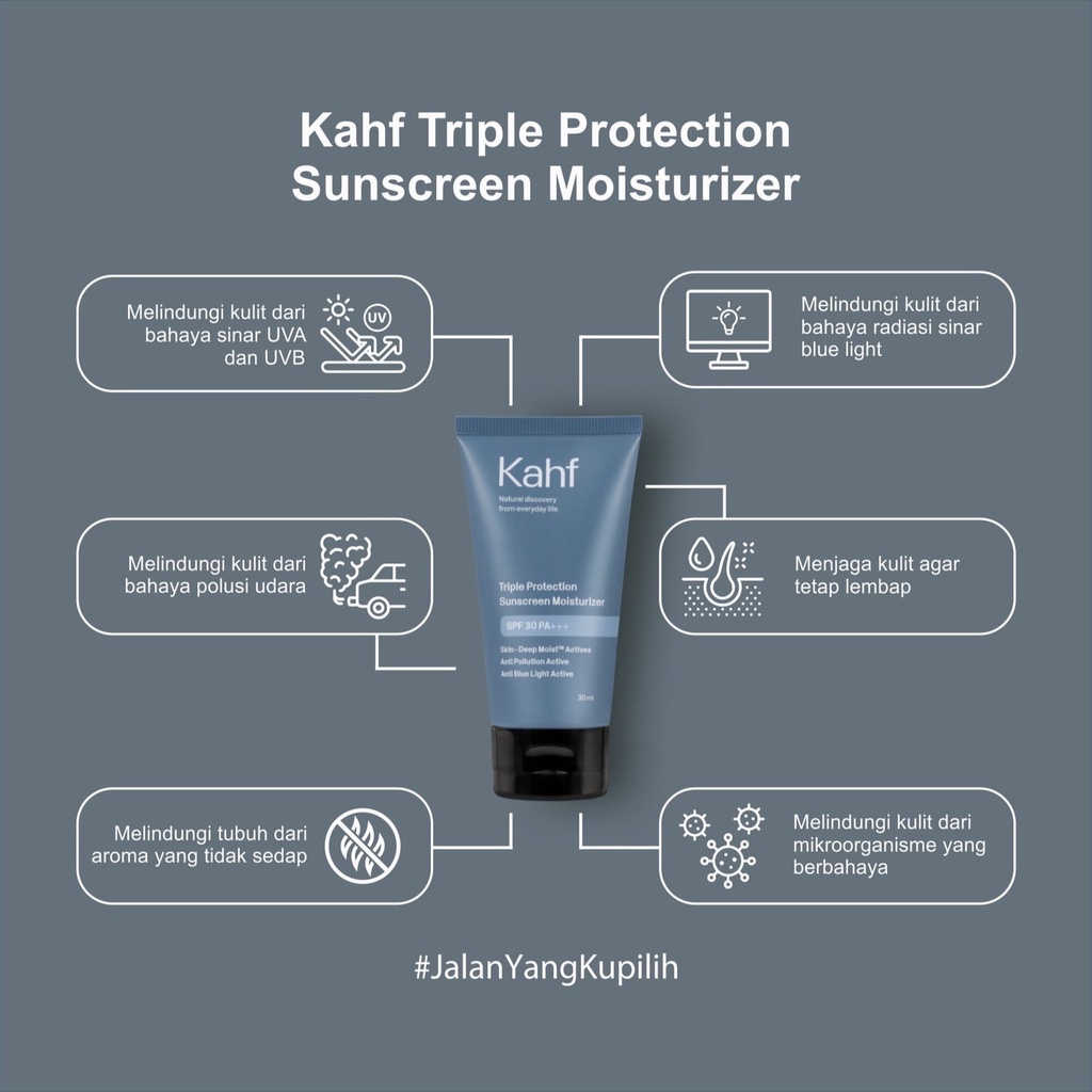 KAHF Sun Care Indonesia / Triple Protection Sunscreen Moisturizer SPF 30 PA+++ Sunblock Wajah Pria 30ml / Suncare Sunblok UV Shield Tabir Surya Pelembab / Skincare Face Wash Scrub Serum Cream Mask / Hair Body Eau De Toilette Deodorant Man Cowok Paket Oil