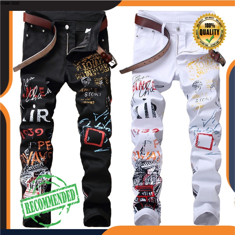 Jeans Pria  Stretch Celana Kasual Dicetak Lurus Kaki Celana Jeans Pria