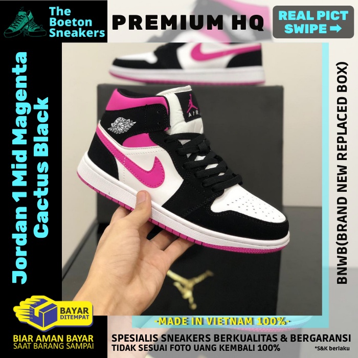 Sepatu Wanita Nike Air Jordan 1 Mid Magenta Cactus Black Sneakers Cewek Sneaker Fashion Basket Impor