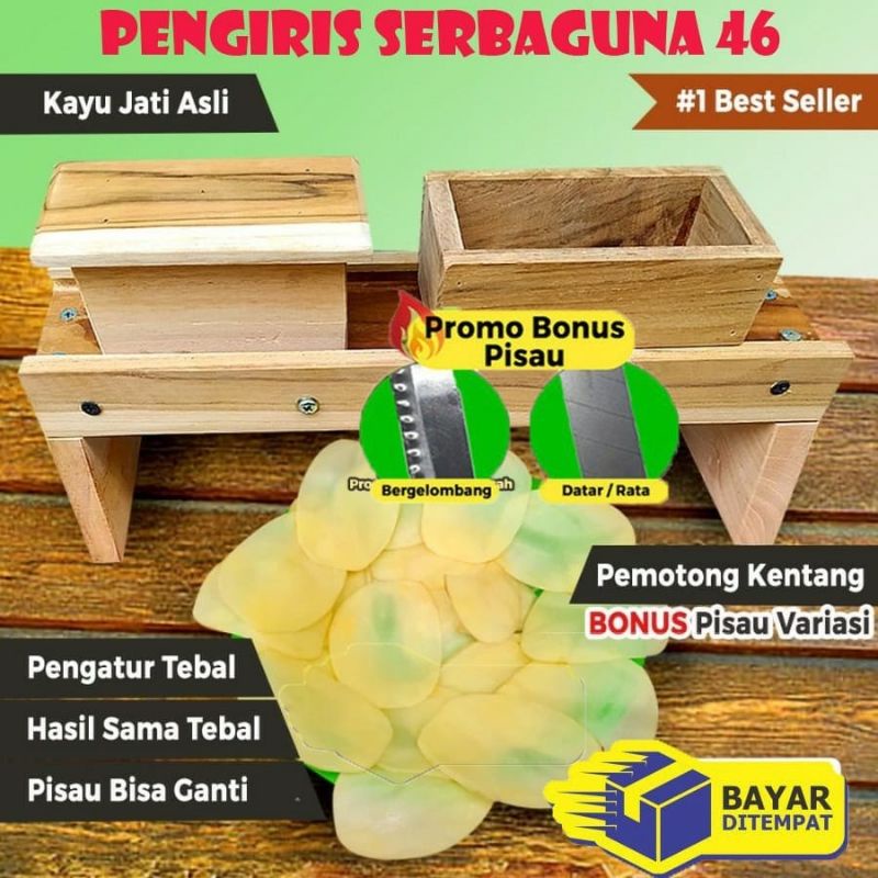 Pengiris Pemotong Keripik Singkong Bergelombang Kayu Jati Bonus 2 Pisau